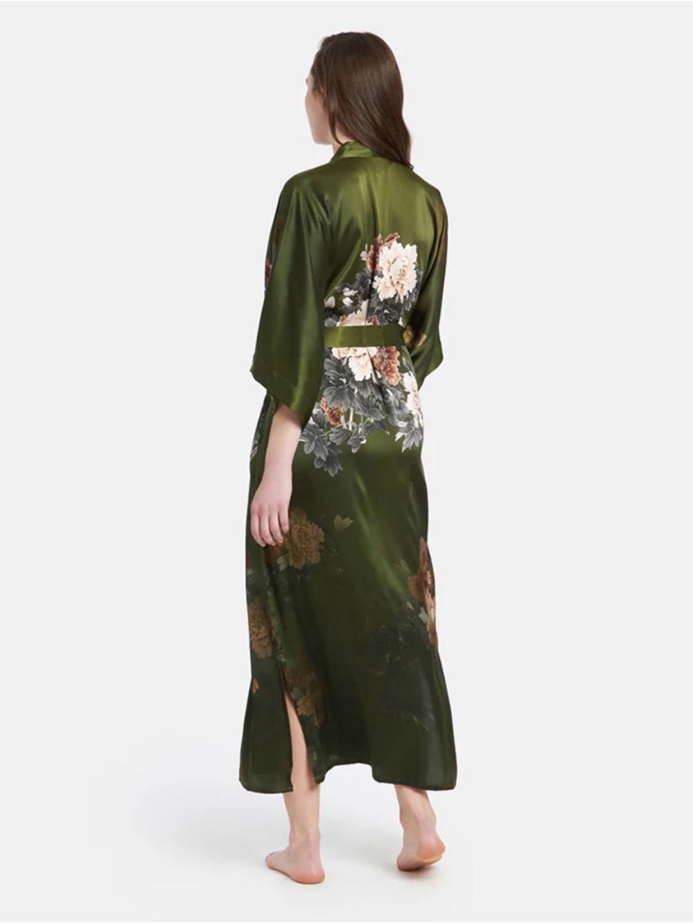 SILK KEINA LONG KIMONO ROBE Green Peonies NWT - Picture 3 of 12